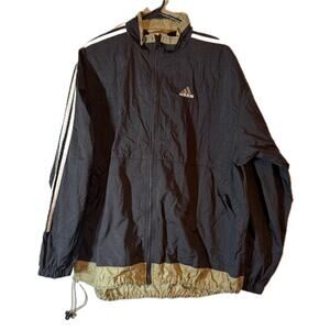 Adidas XL Vintage Gold Black Nylon Windbreaker Jacket White Stripes Zip